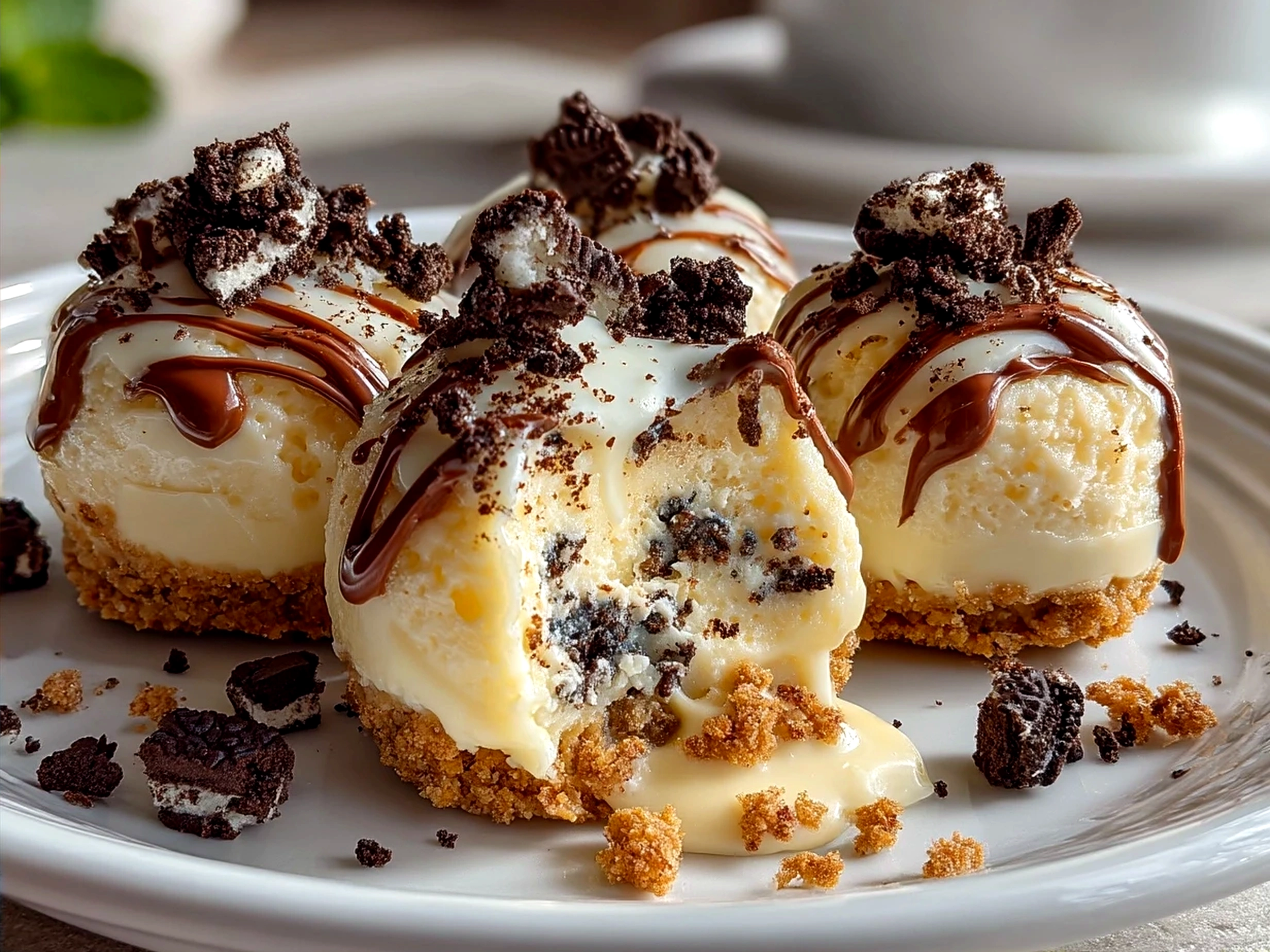Finished No-Bake Oreo Cheesecake Bites on a serving platter ready to eat
