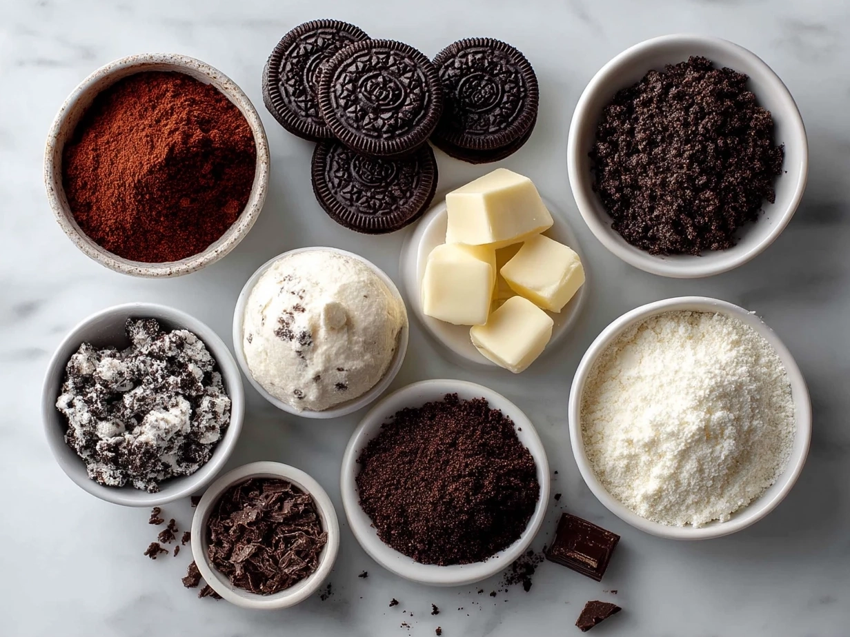 Ingredients for No-Bake Oreo Cheesecake Bites laid out on a table