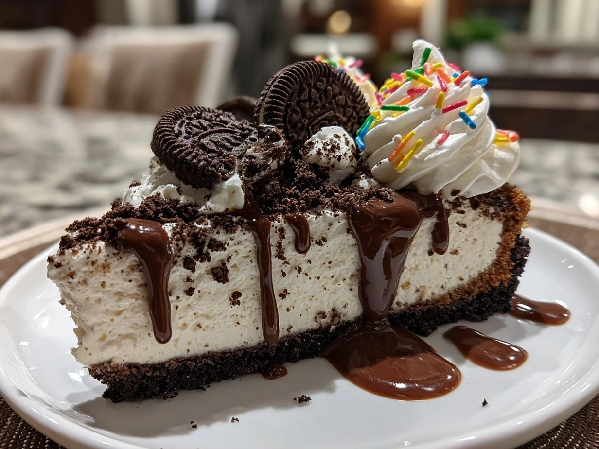 The final No Bake Oreo Cheesecake beautifully sliced and served on a plate