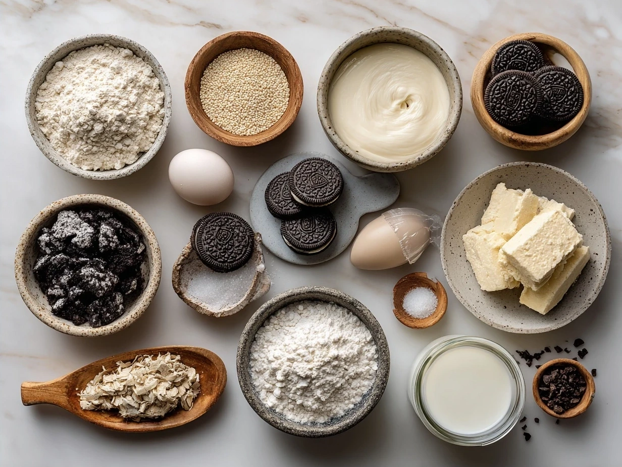 Ingredients for No Bake Oreo Cheesecake including Oreos, cream cheese, butter, powdered sugar, and whipping cream