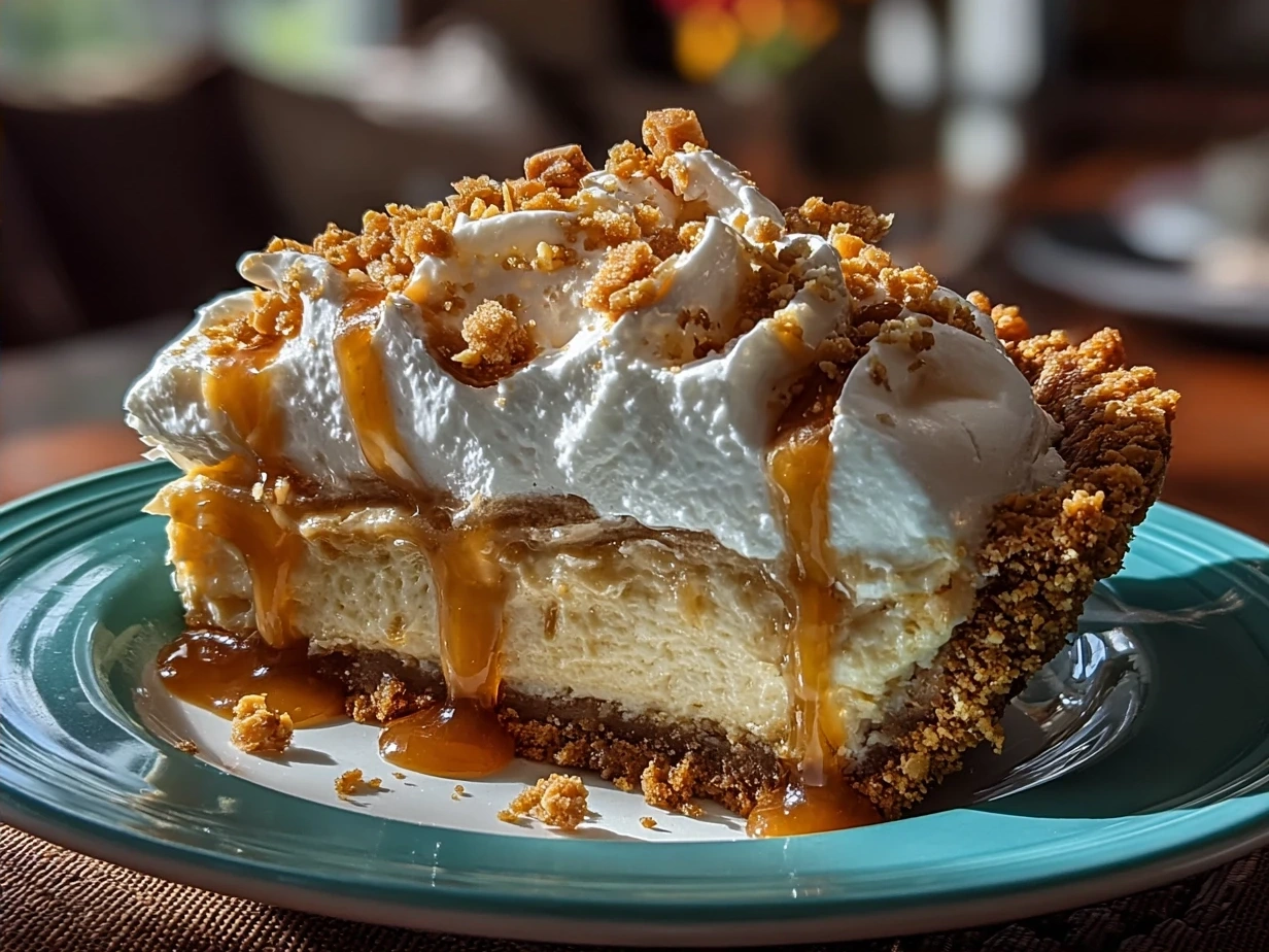 A slice of Old Fashioned Peanut Butter Pie served with whipped cream and chocolate chips