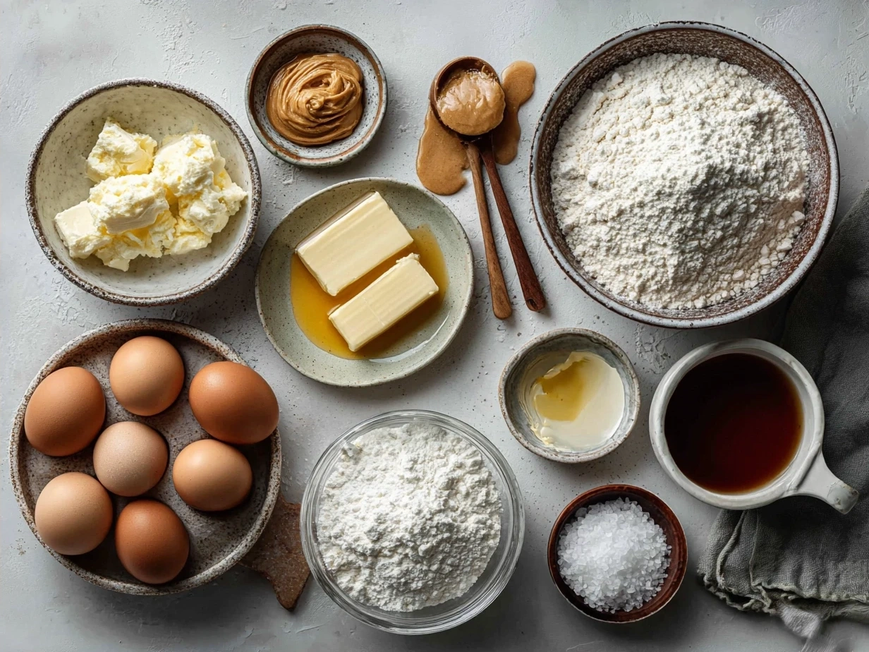 Ingredients laid out for Old Fashioned Peanut Butter Pie including graham crackers, peanut butter, cream cheese, and heavy cream