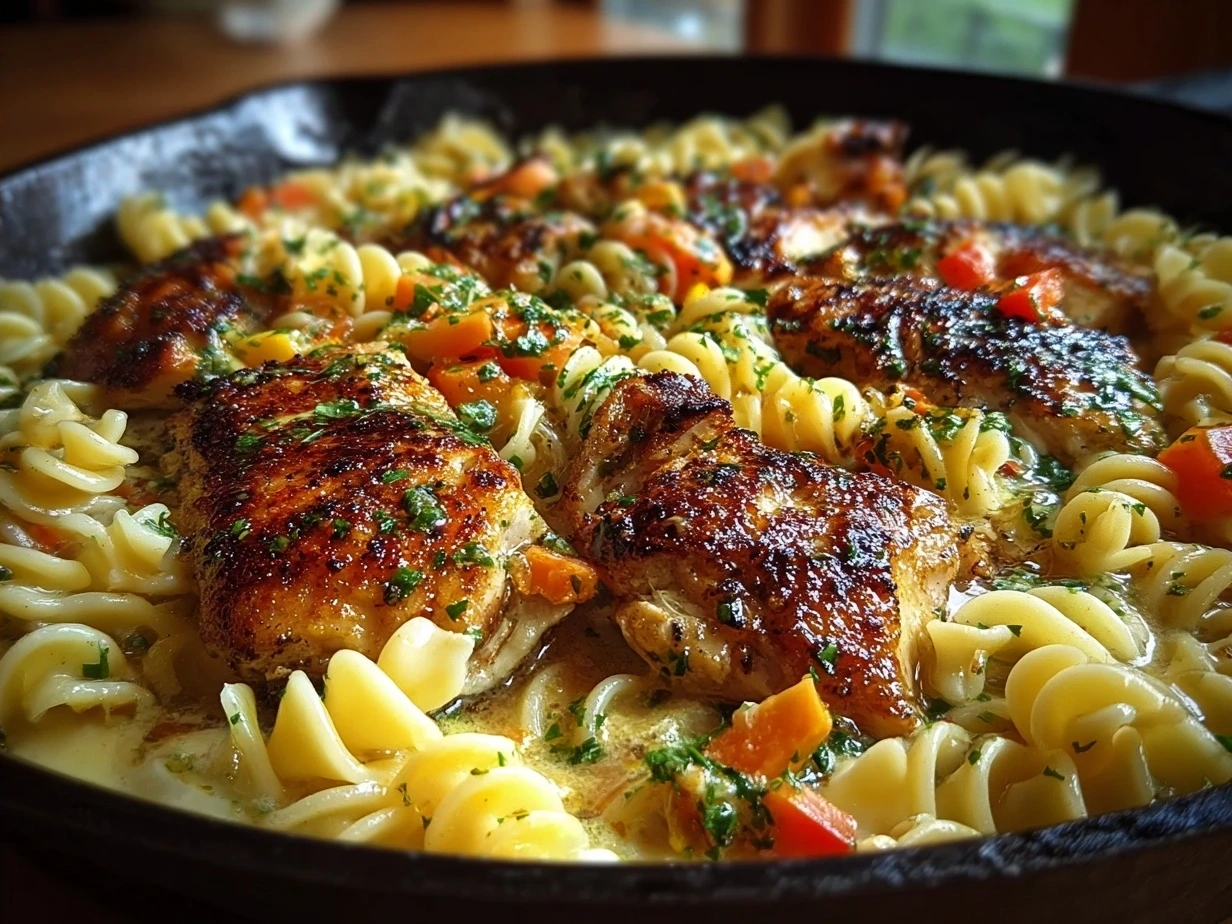 One-Pan Chicken Dinner with Buttered Noodles served with fresh vegetables