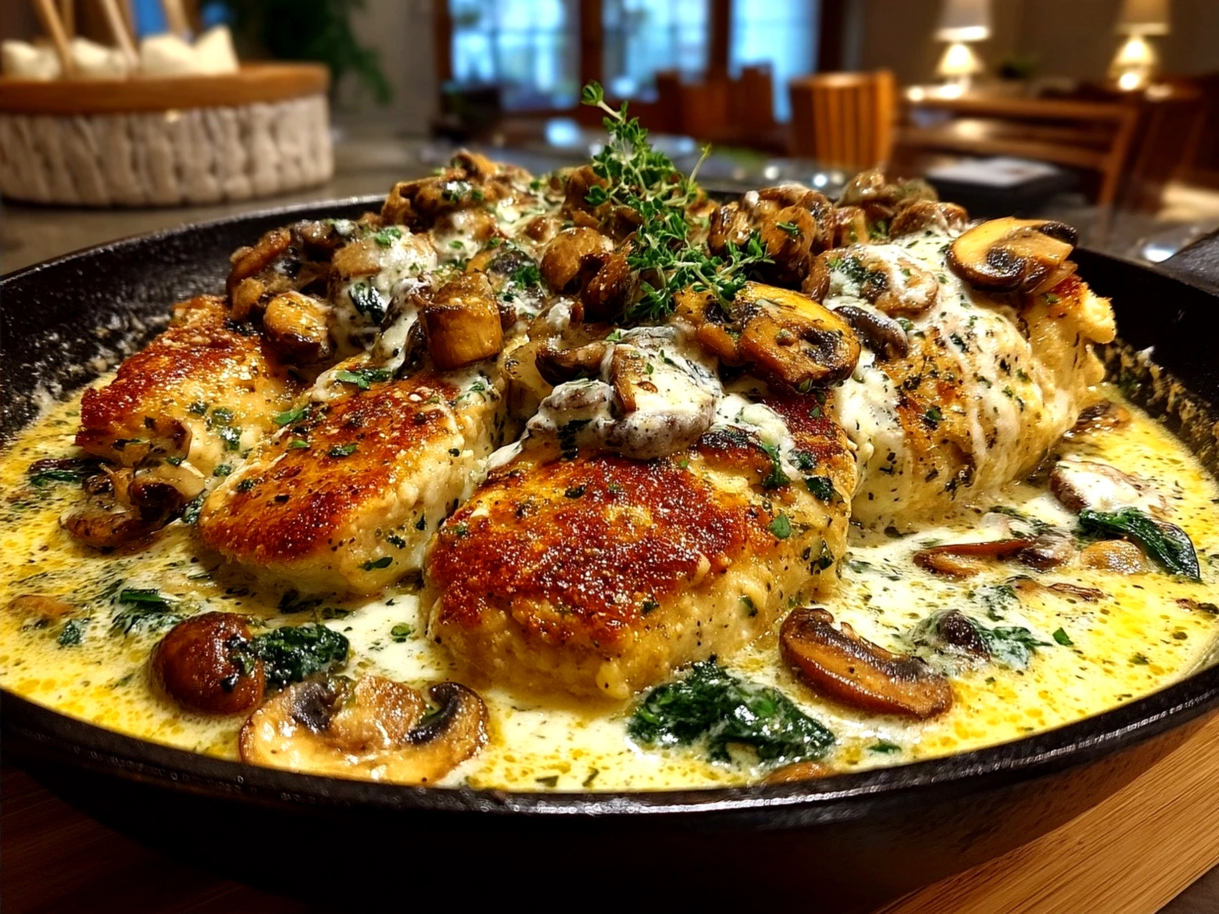 One-Pan Creamy Parmesan Garlic Mushroom Chicken served with creamy sauce over chicken breasts garnished with parsley