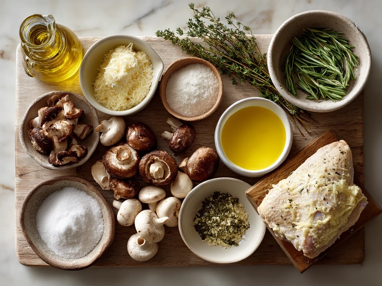 Ingredients for One-Pan Creamy Parmesan Garlic Mushroom Chicken including chicken breasts, mushrooms, garlic, cream, parmesan, olive oil, butter, and herbs