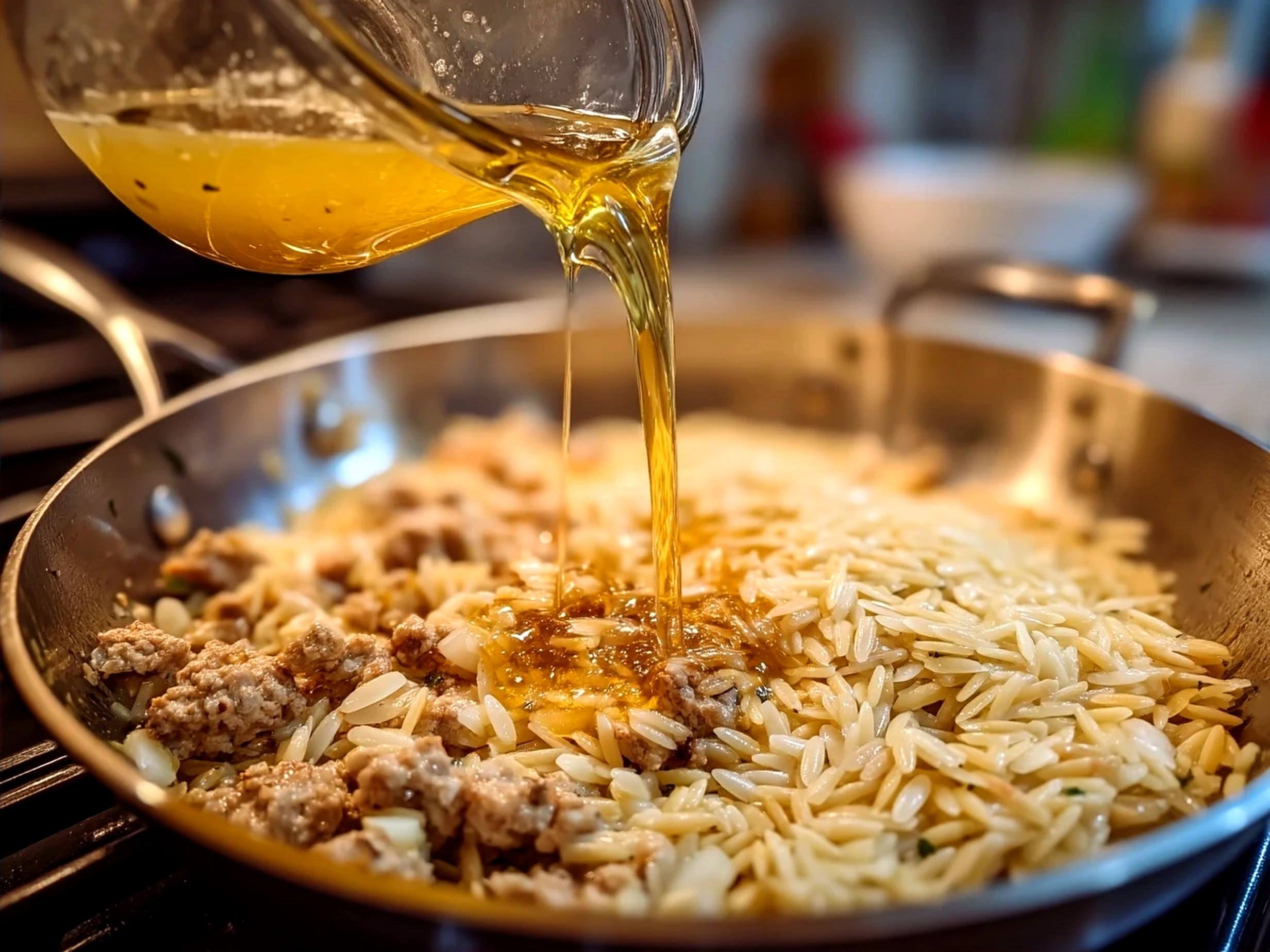 One-Pot Ground Turkey Orzo served in a bowl with Parmesan garnish and side salad