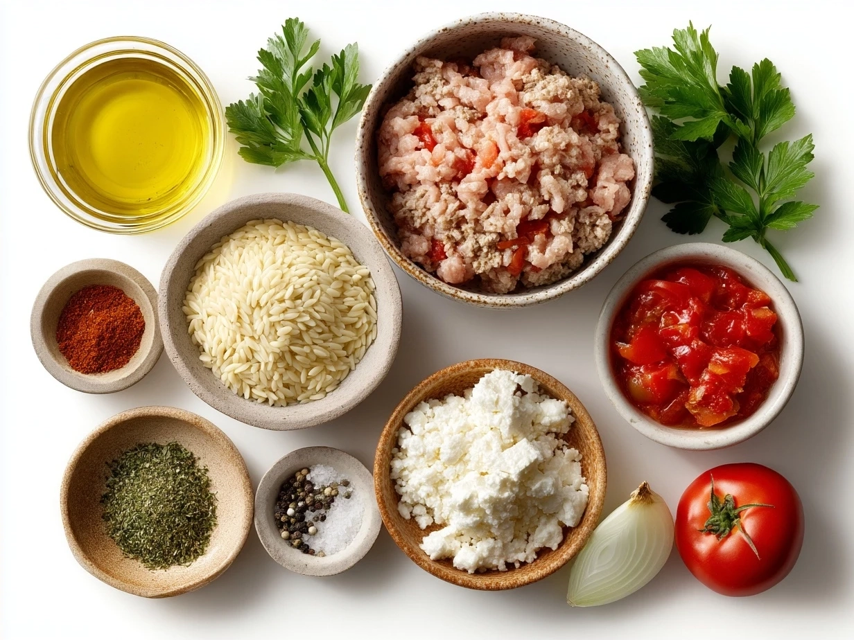 Ingredients for One-Pot Ground Turkey Orzo laid out on a kitchen counter