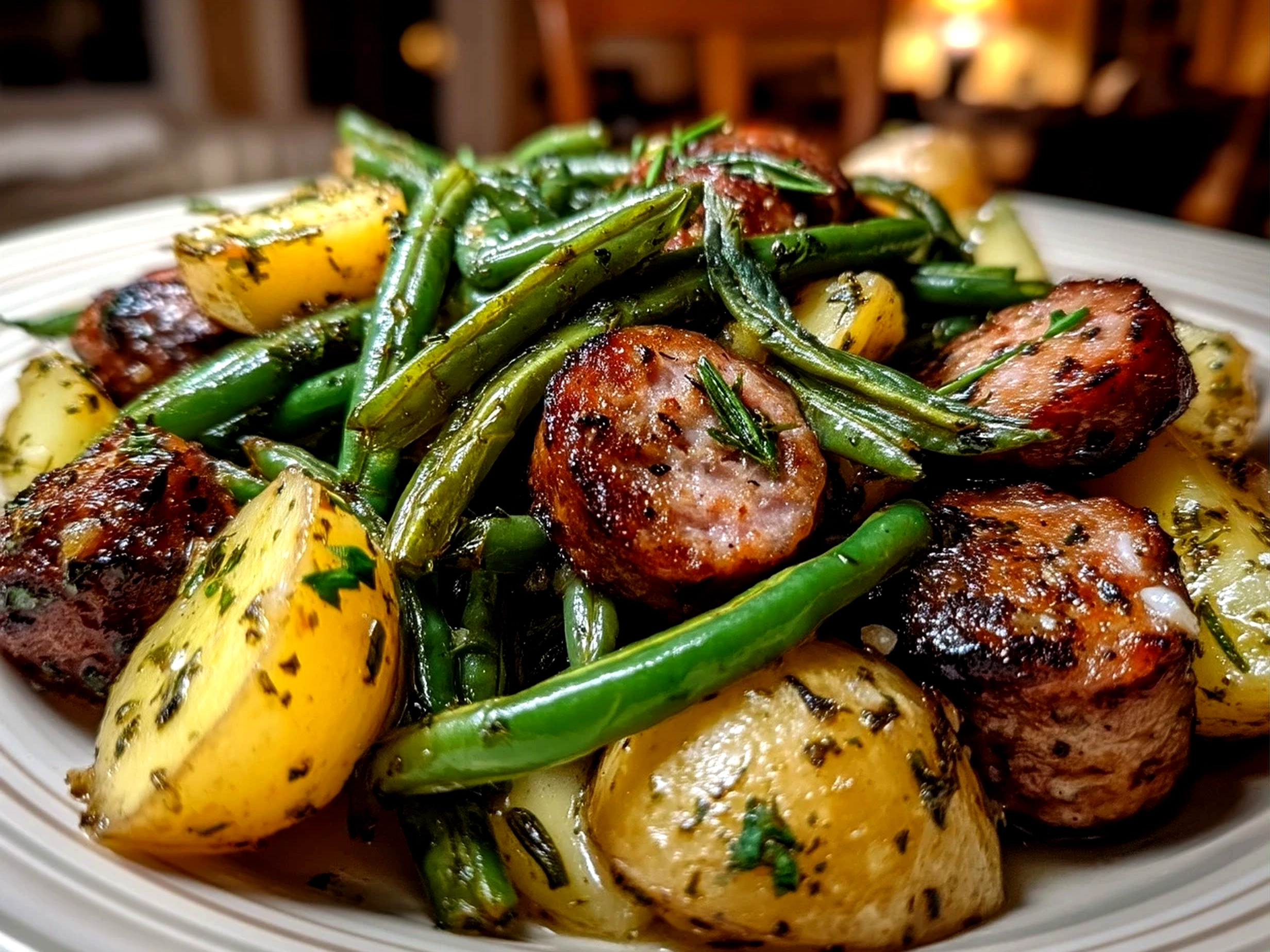 One Pan Sausage Green Beans and Potatoes served on plate