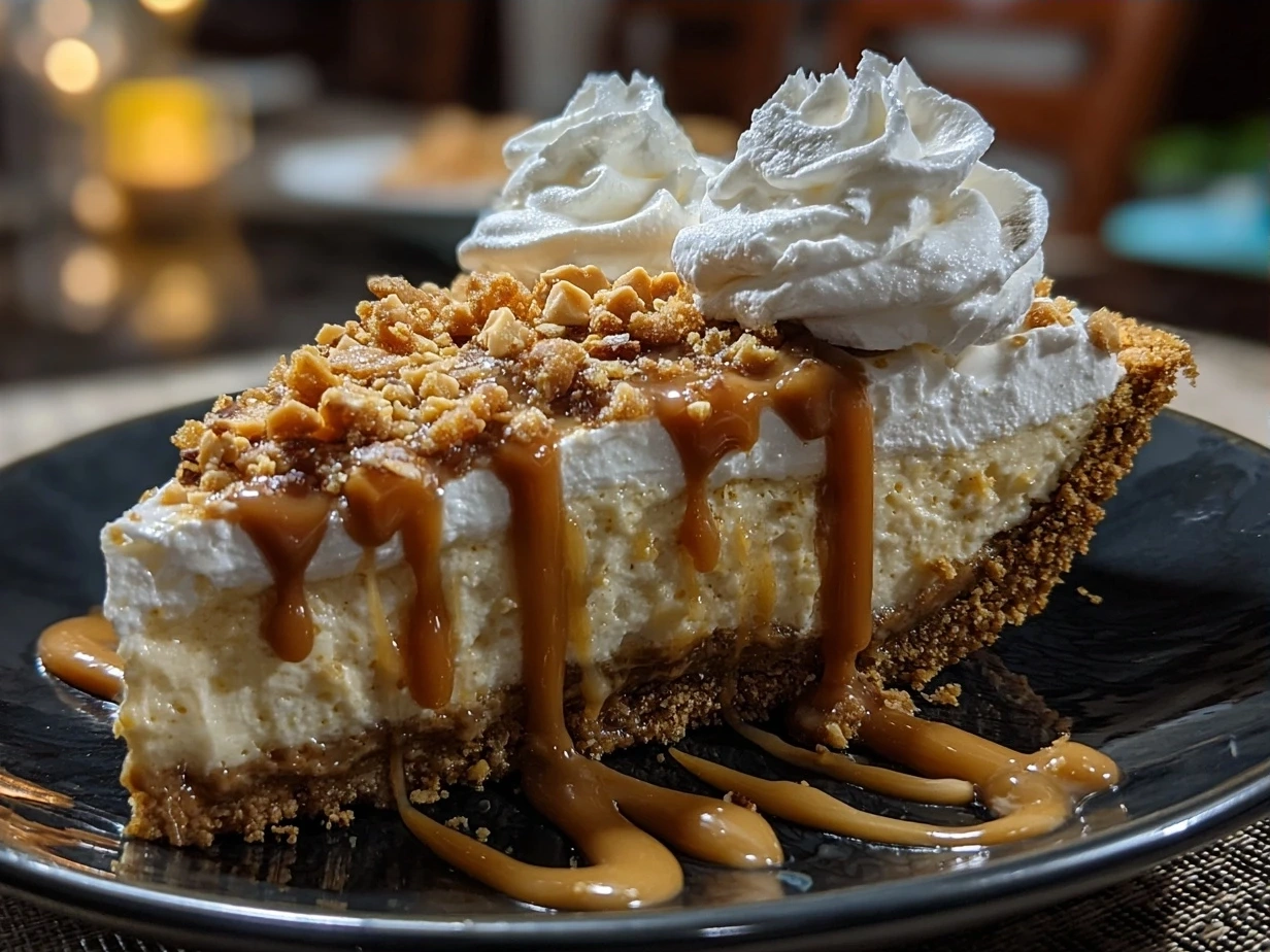 A slice of creamy Peanut Butter Pie with whipped cream and walnuts