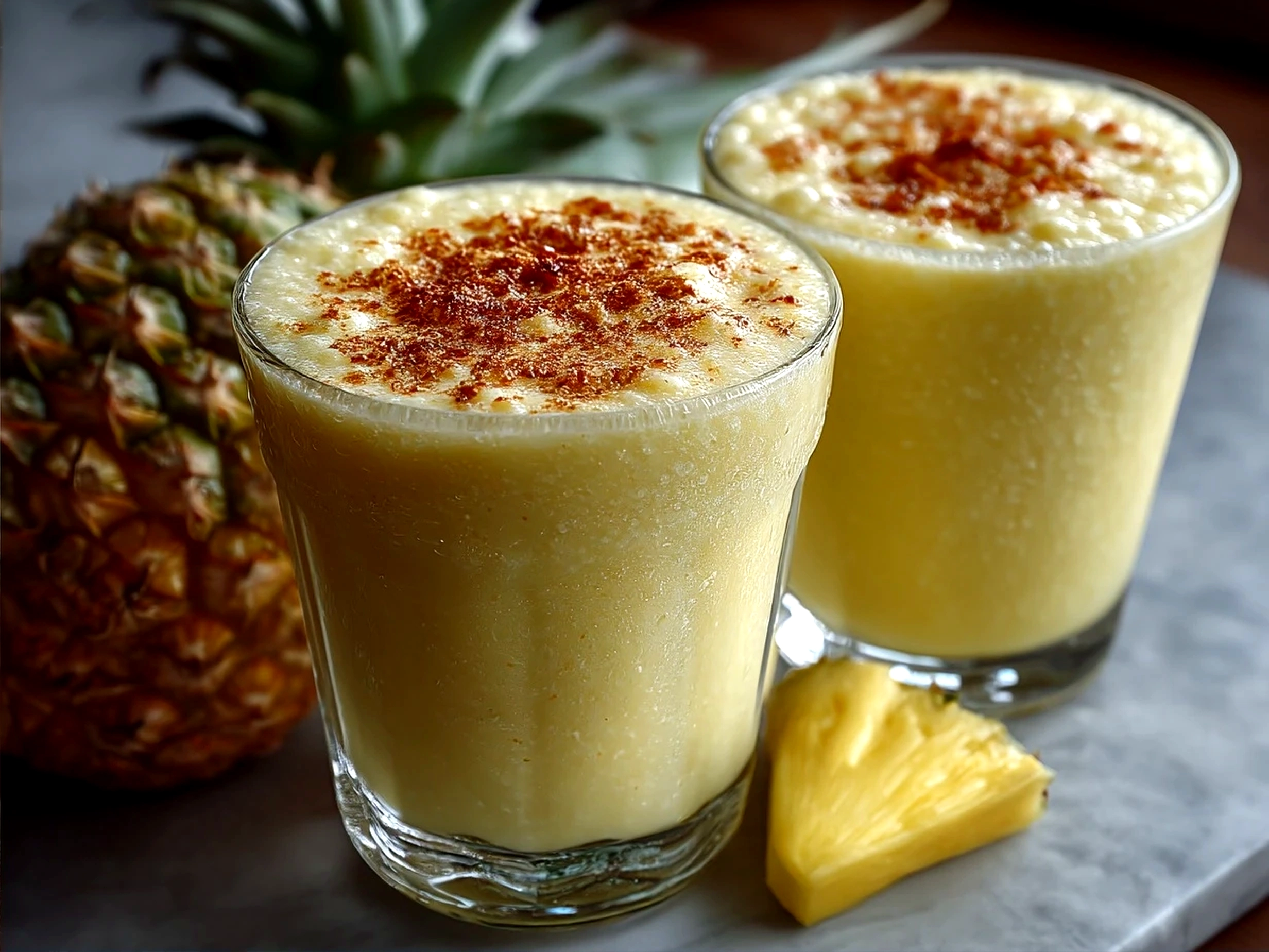 A tall glass of Pineapple Coconut Smoothie garnished with pineapple wedge and chia seeds