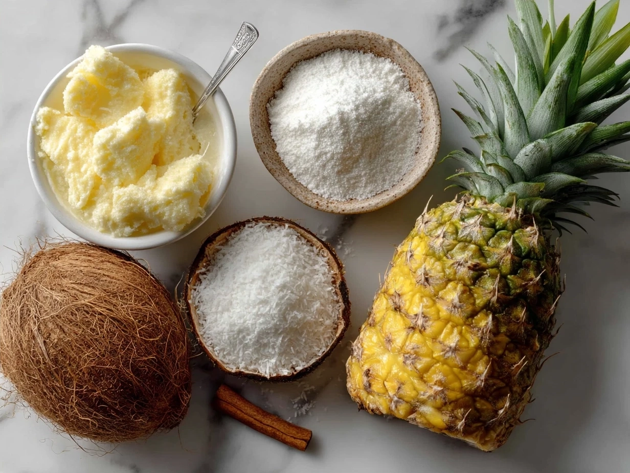 Ingredients for Pineapple Coconut Smoothie arranged on a table