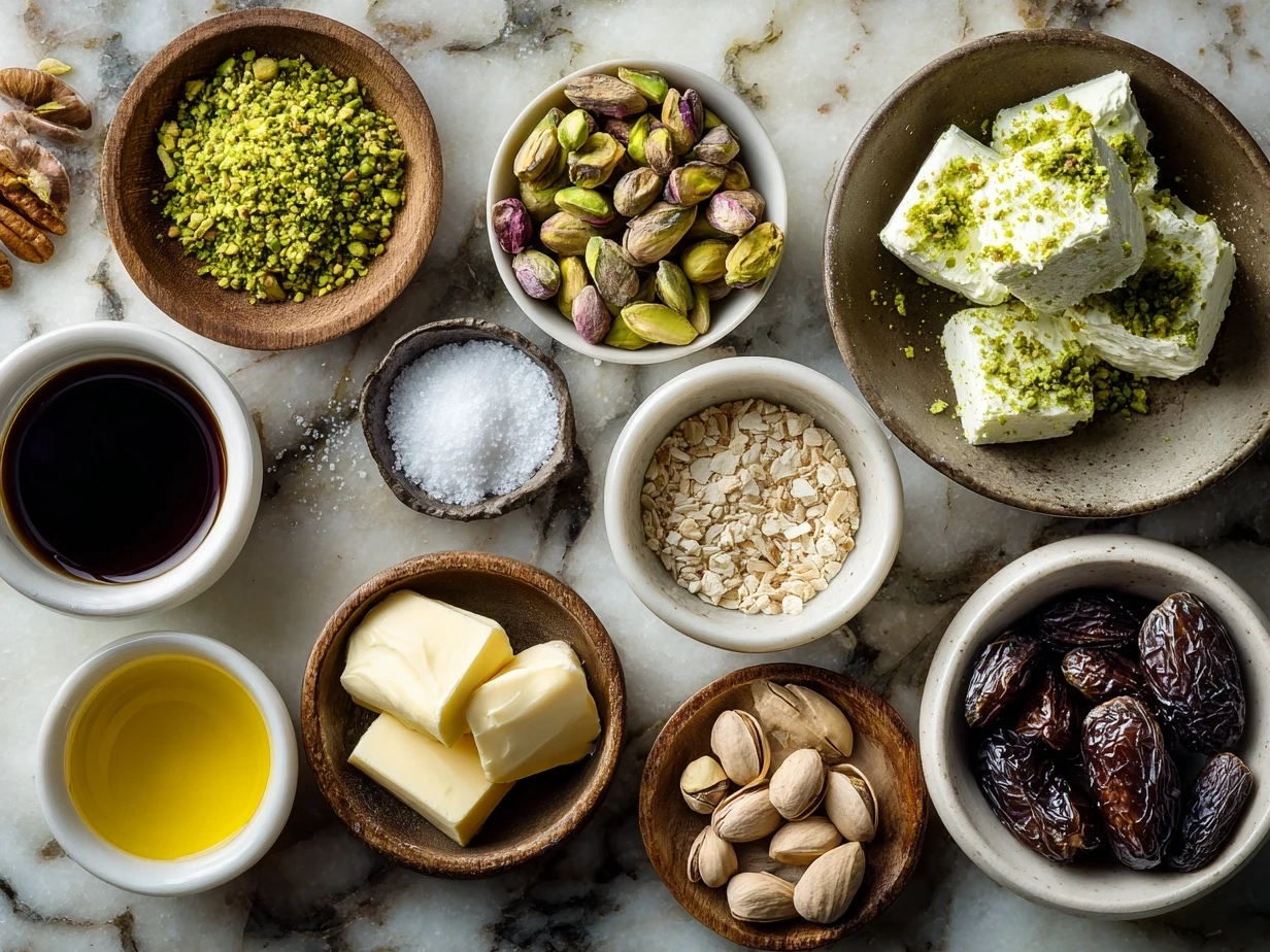 Ingredients for Pistachio Lush Dessert including pistachio pudding mix, milk, cream cheese, powdered sugar, whipped topping, vanilla wafers, and butter