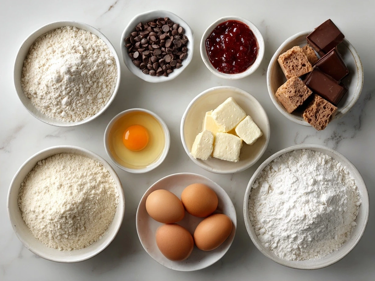 Ingredients for protein pancakes including oats, protein powder, banana, eggs, Greek yogurt, milk, baking powder, cinnamon, salt, and coconut oil