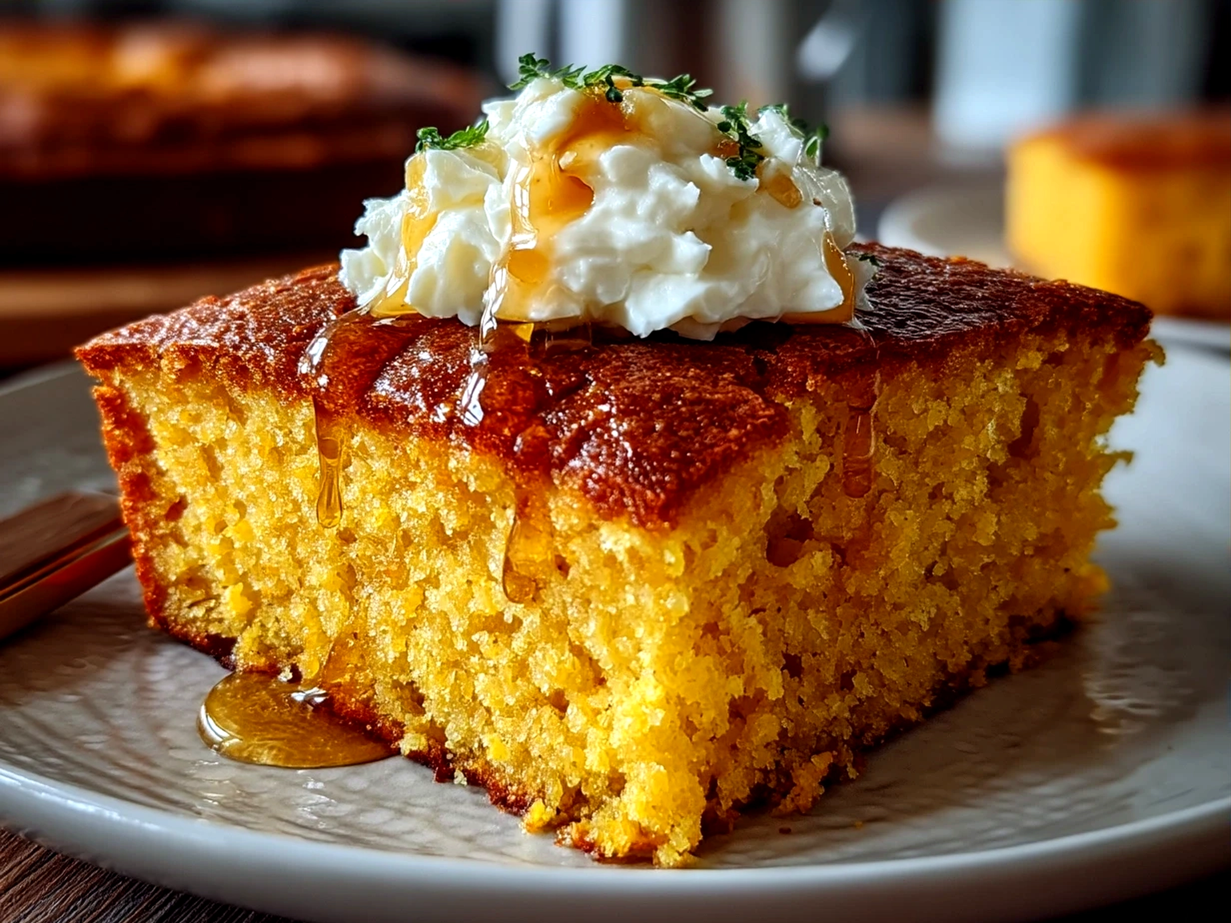 Slices of Pumpkin Cornbread with Cinnamon Honey Butter served warm on a plate