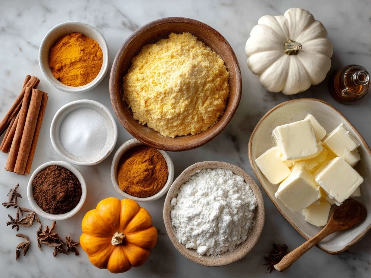 Ingredients for Pumpkin Cornbread with Cinnamon Honey Butter neatly arranged on a surface