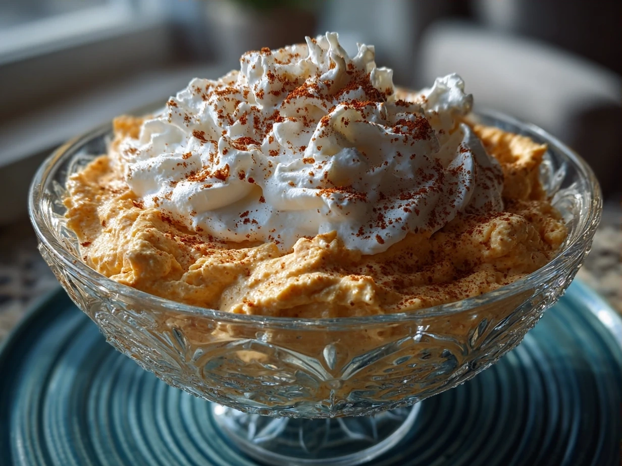 Serving suggestion of Pumpkin Fluff in glass cups with whipped cream and pecans