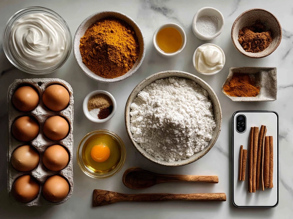 Ingredients for Pumpkin Fluff including pumpkin puree, cream cheese, marshmallows, pumpkin pie spice, powdered sugar, and whipped topping