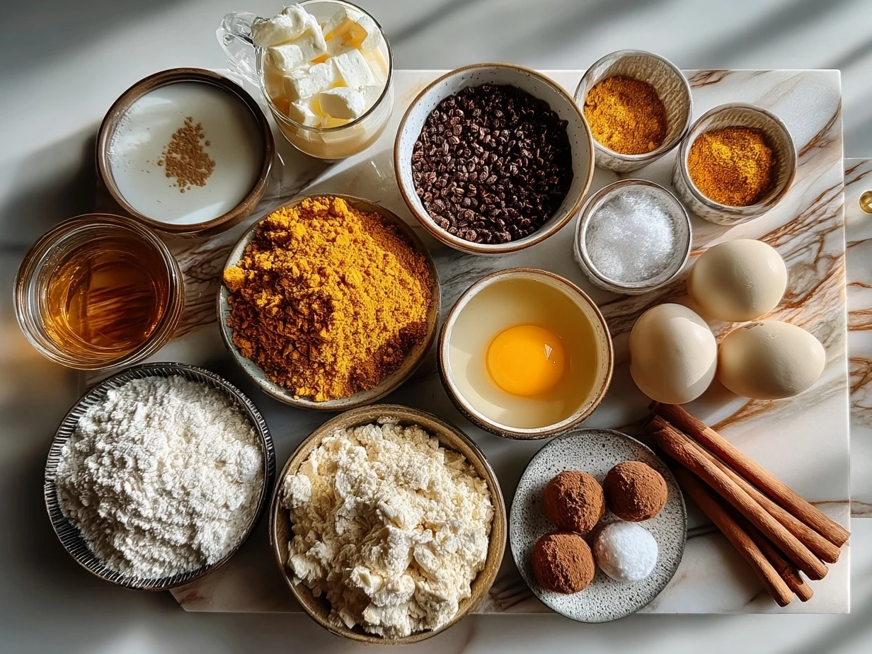Ingredients for Pumpkin Truffles including pumpkin puree, cream cheese, powdered sugar, spices, vanilla, and chocolate