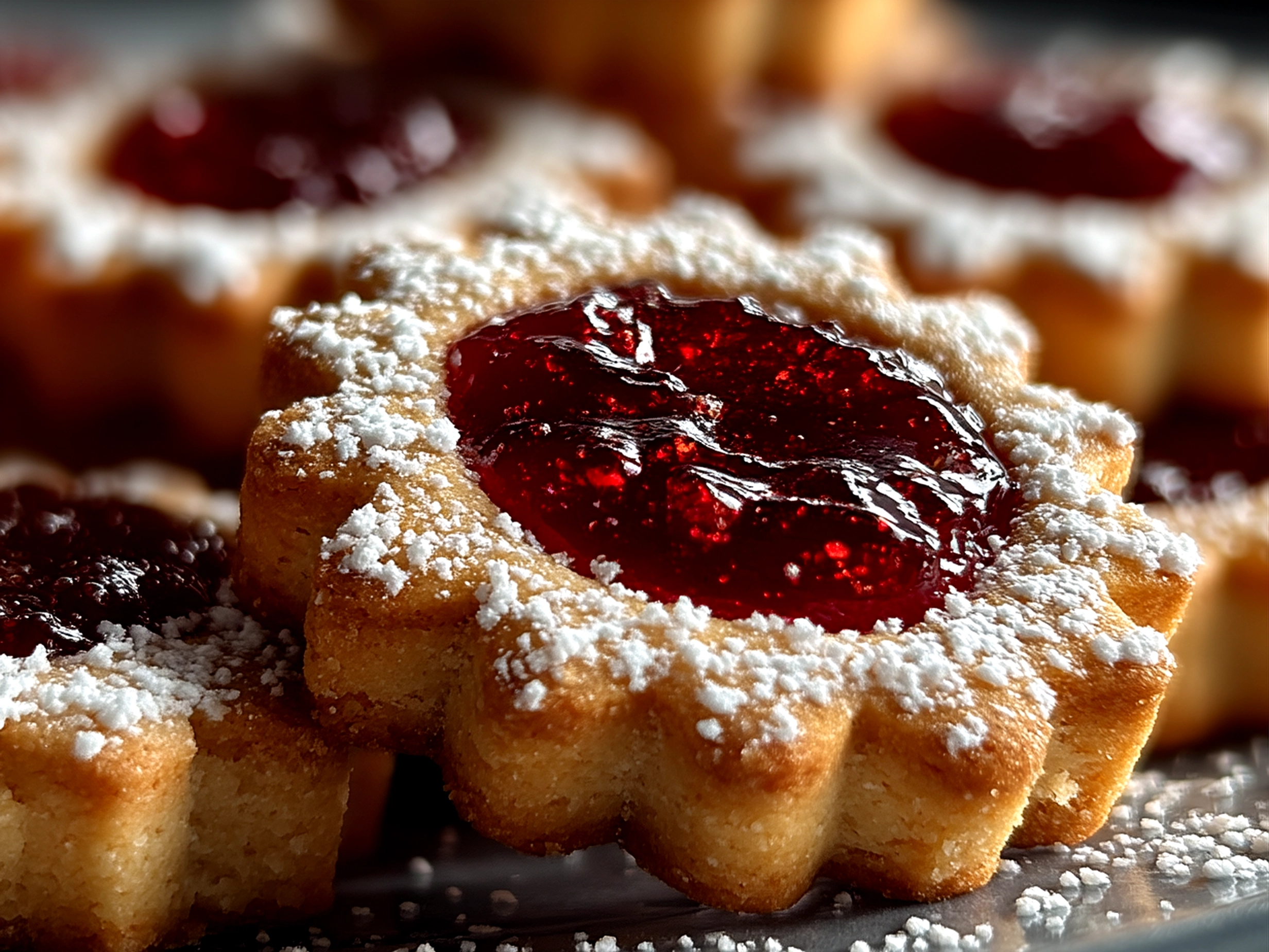 Finished Raspberry Linzer Cookies arranged on a festive plate dusted with powdered sugar