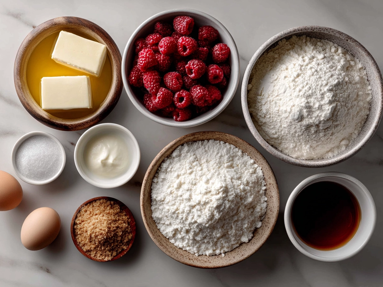 Ingredients for Raspberry Linzer Cookies including ground hazelnuts, flour, cinnamon, butter, sugar, egg yolk, vanilla extract, raspberry jam, and powdered sugar