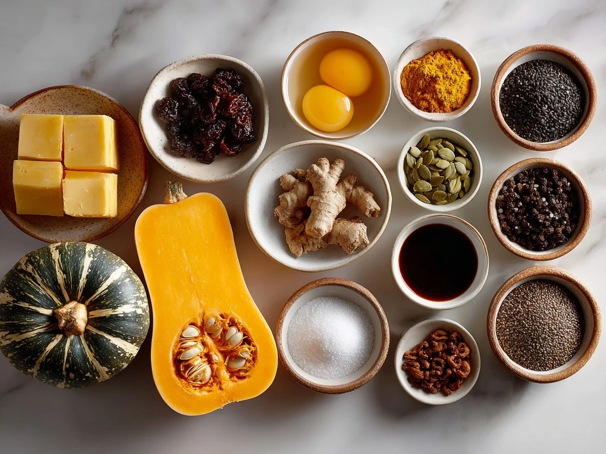 Raw ingredients for Simanim Stuffed Butternut Squash laid out on a table