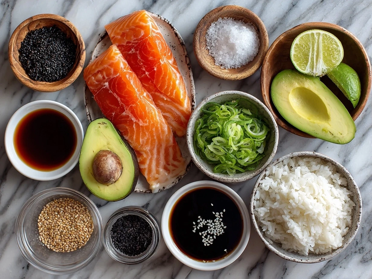 Raw ingredients for Teriyaki Salmon Avocado Rice including salmon fillets, avocado, soy sauce, brown sugar, garlic, ginger, rice vinegar, and cooked rice