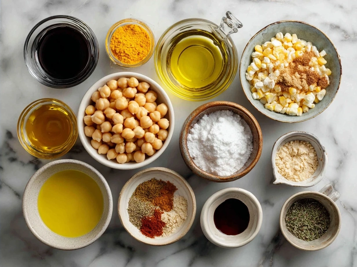 Ingredients for Roasted Chickpea Corn Mix featuring chickpeas, roasted corn kernels, and spices