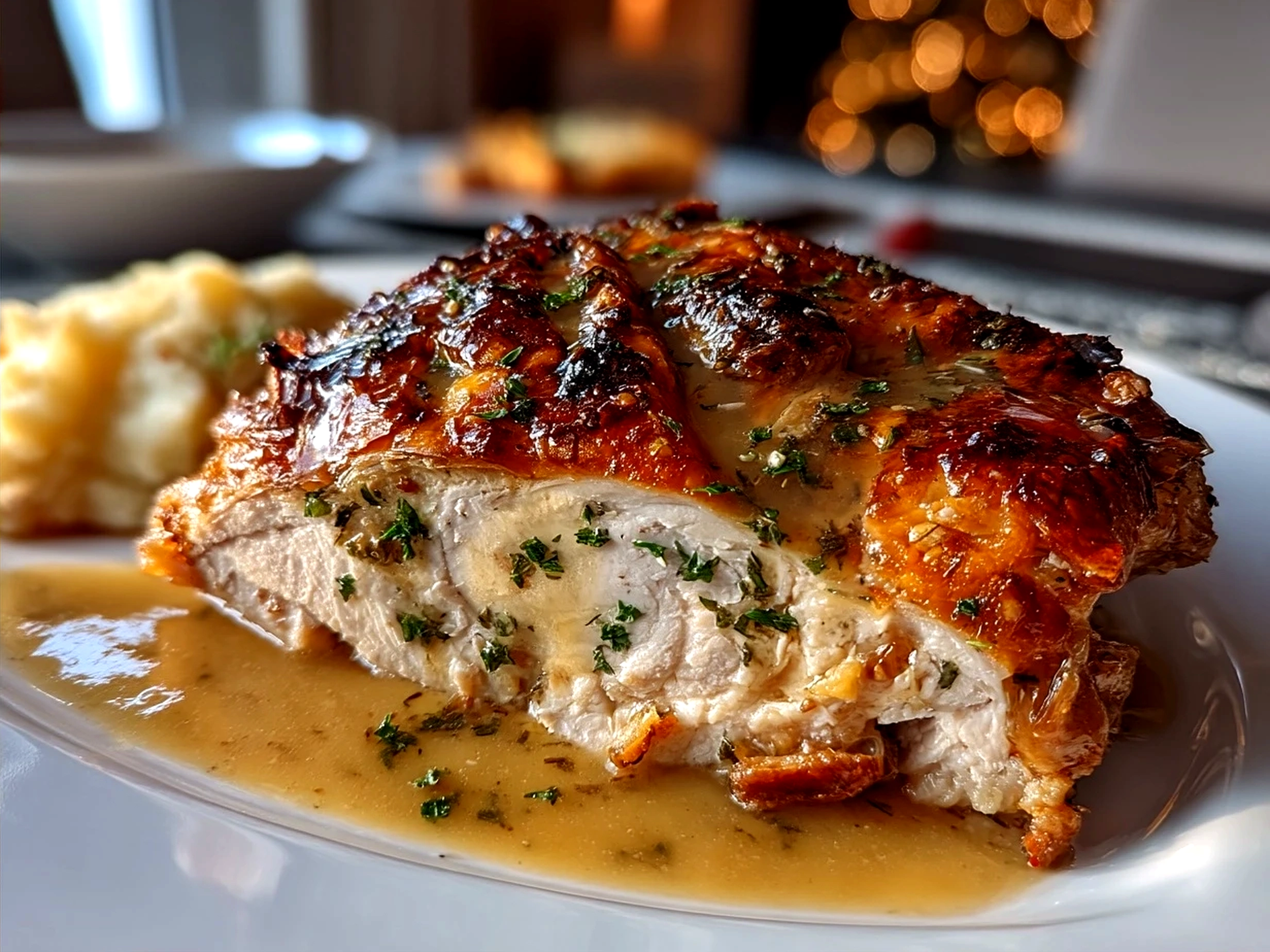 Perfectly carved roast turkey served with sides on a festive table