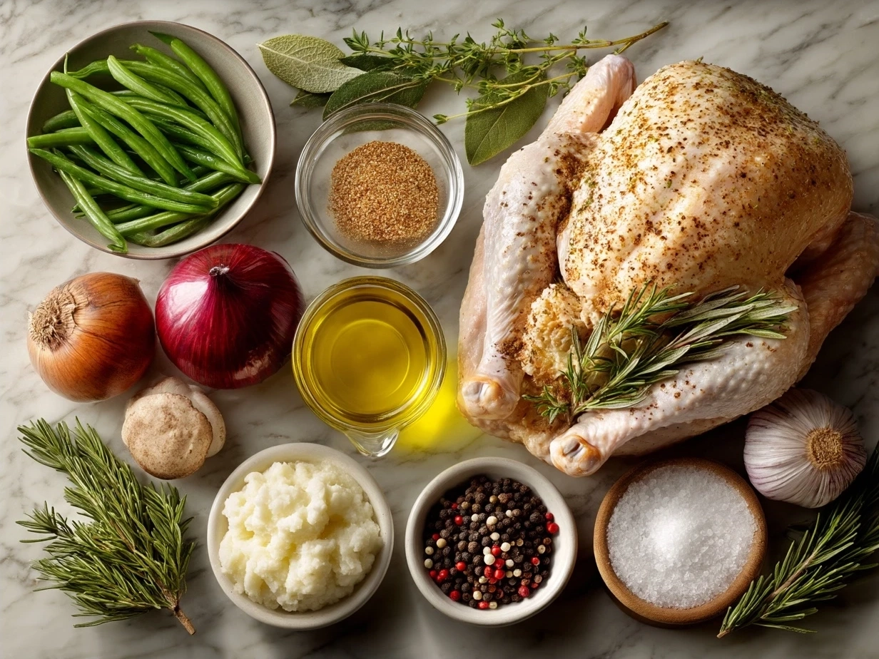 Ingredients for roast turkey recipe including turkey, butter, herbs, lemon, garlic, and broth