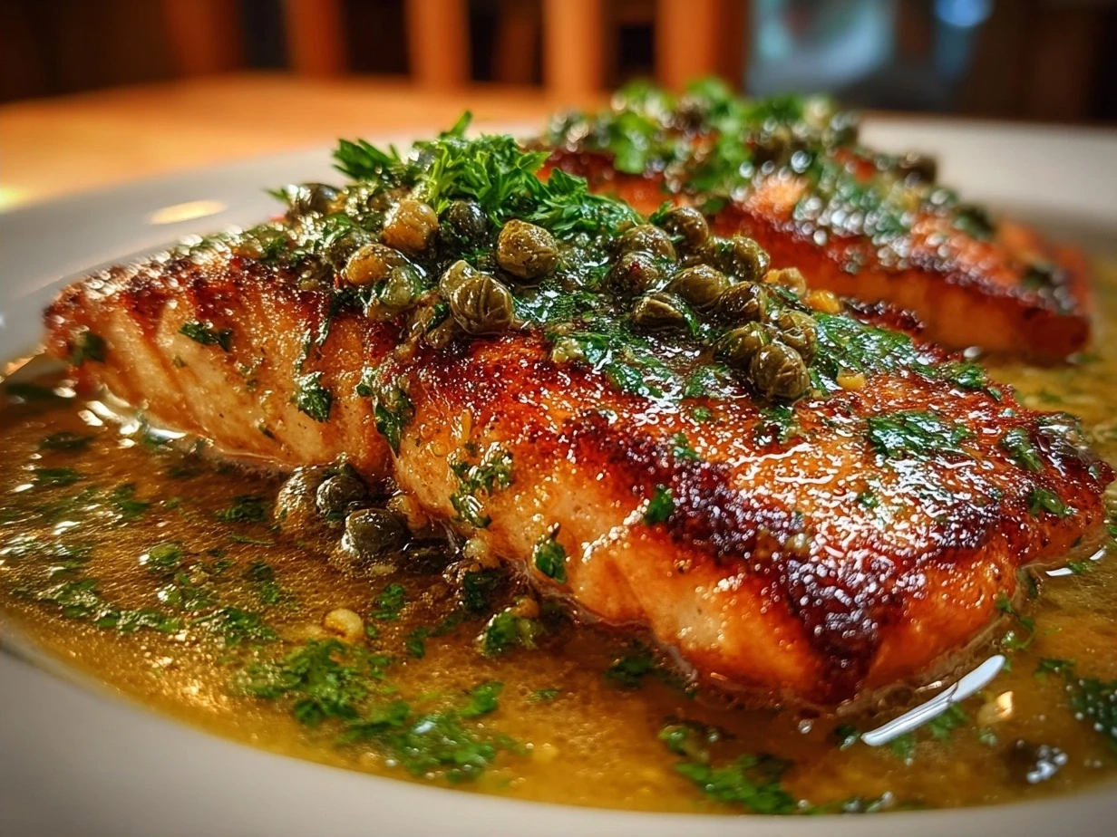 Delicious cooked Salmon Piccata with lemon butter caper sauce on a plate