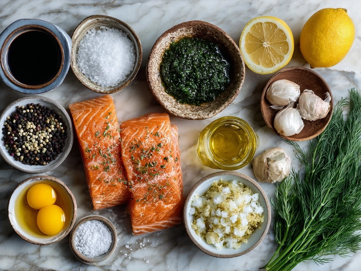 Ingredients for Salmon Piccata including salmon fillets, lemon, capers, and butter