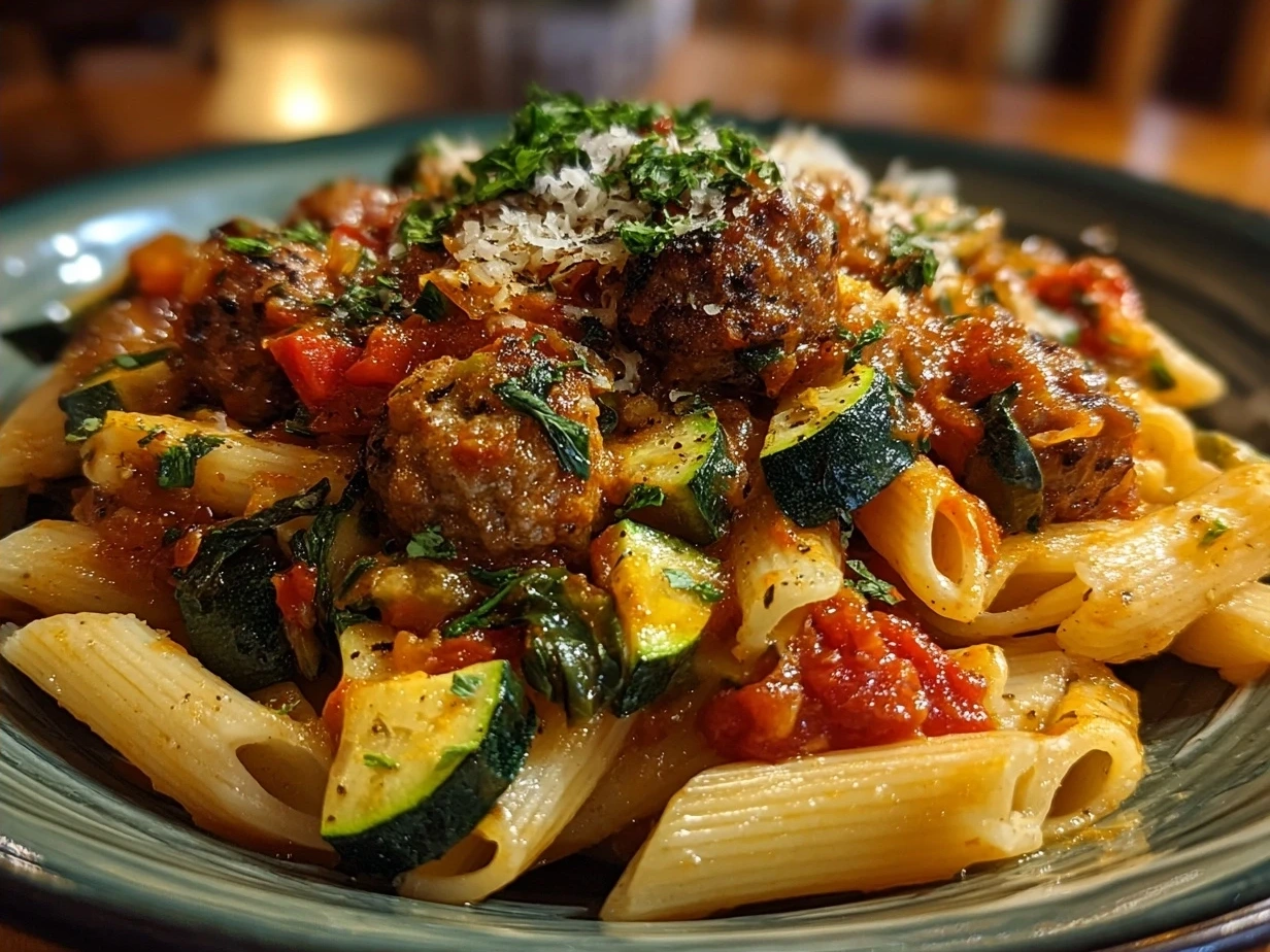 A bowl of vibrant sausage and courgette pasta, garnished with fresh herbs and grated cheese, ready to serve.