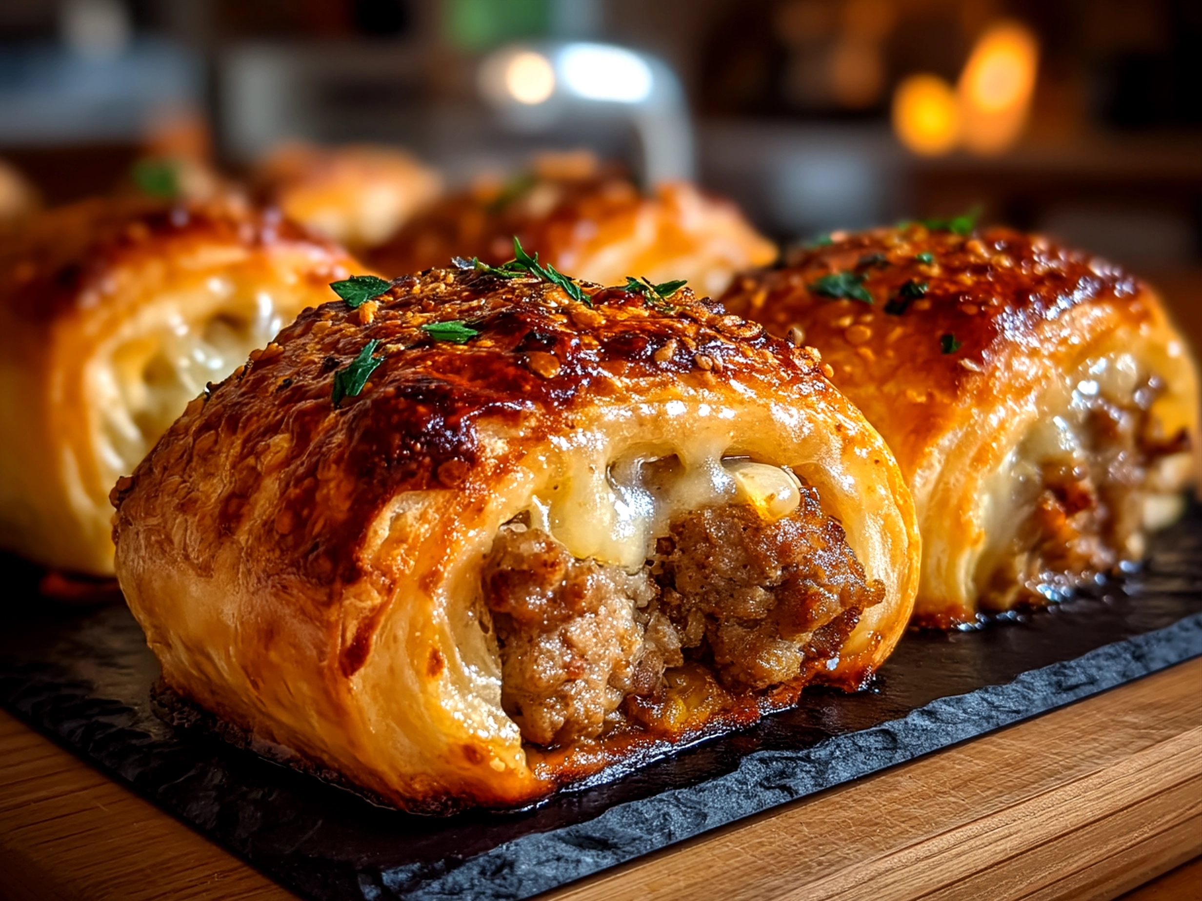 Golden baked sausage rolls served on a plate with dipping sauces