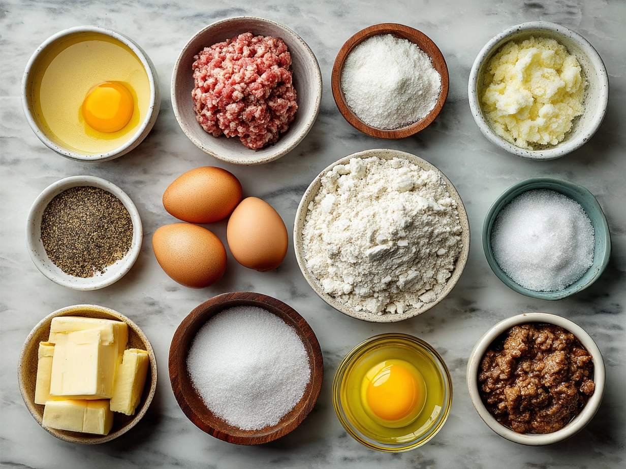Ingredients for homemade sausage rolls including pork sausage meat, puff pastry, onion, garlic, smoked paprika, thyme, egg, salt, and pepper