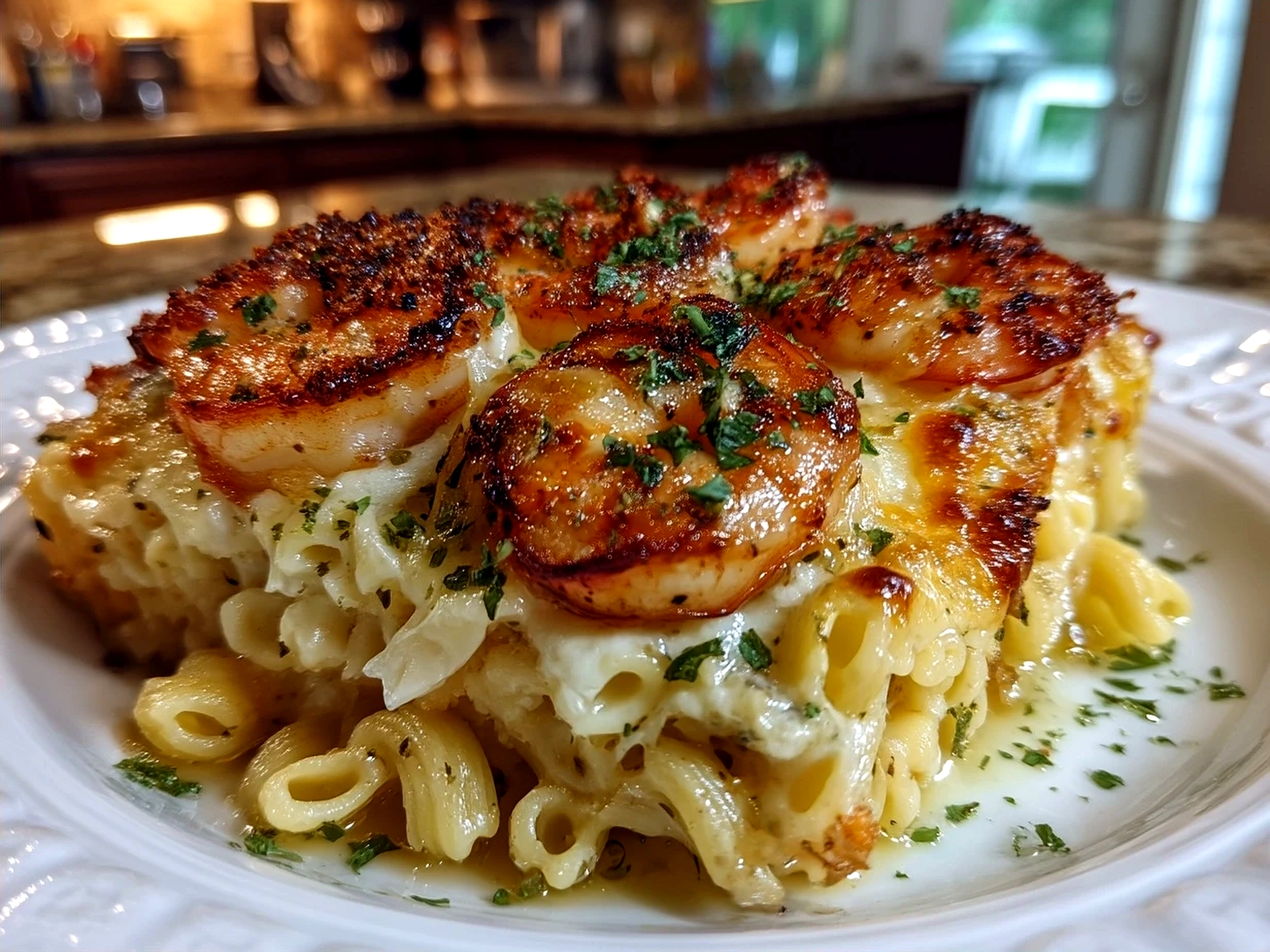 Baked shrimp scampi pasta casserole served in a dish, garnished with green herbs
