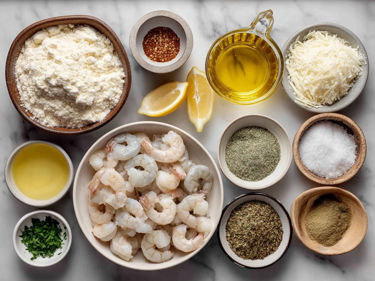 Ingredients for Shrimp Scampi Pasta Bake neatly arranged on a kitchen counter