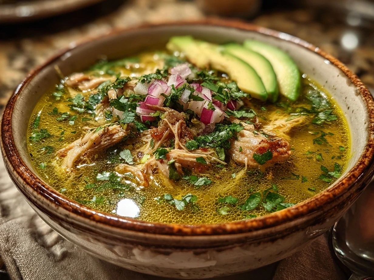 Close up of finished Authentic Crockpot Chicken Pozole Verde in a bowl garnished with fresh toppings