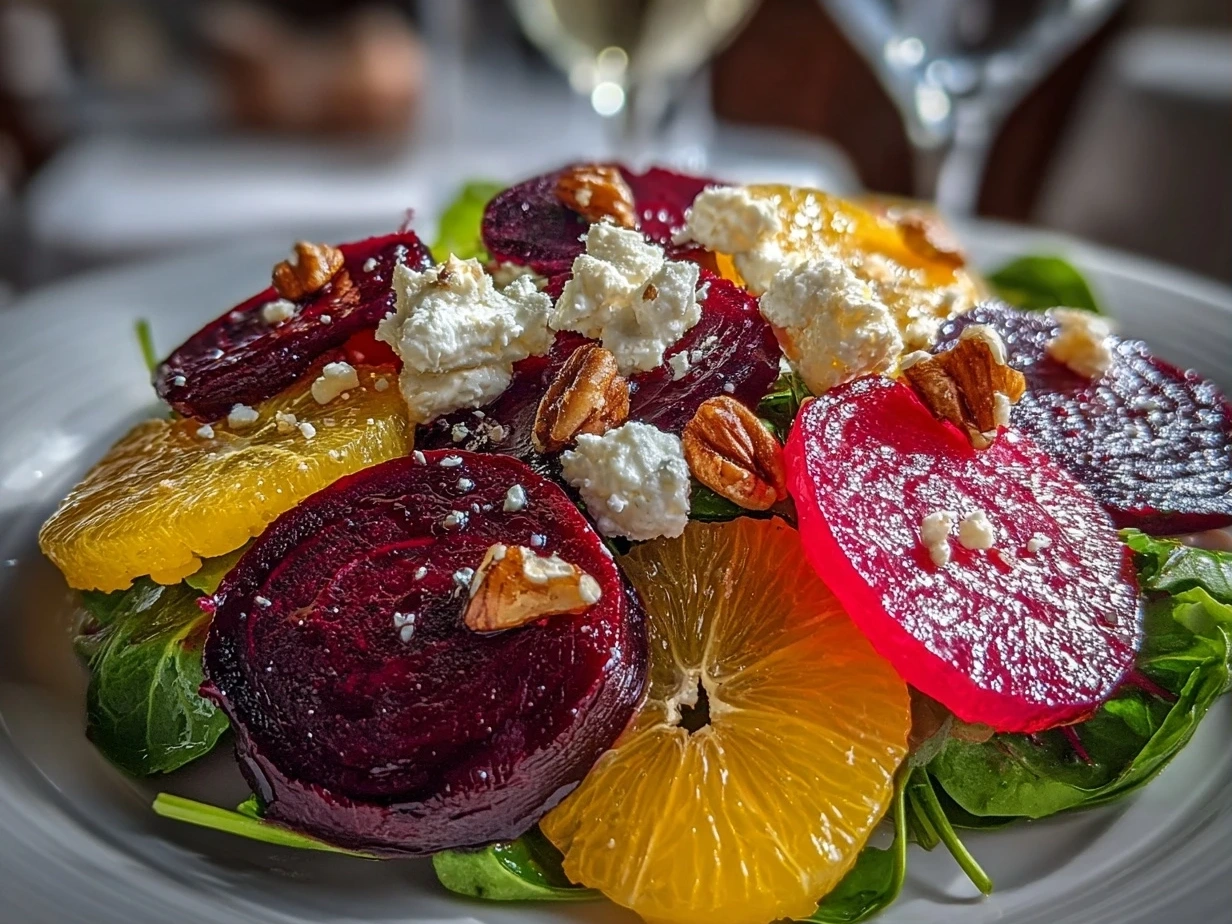 Slight angle close-up of finished beet salad with roasted beets, goat cheese, toasted walnuts, and greens