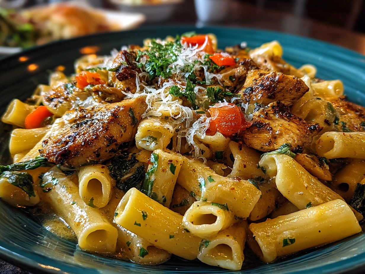 Slight angle close-up of finished creamy Cajun Chicken Pasta served in a bowl