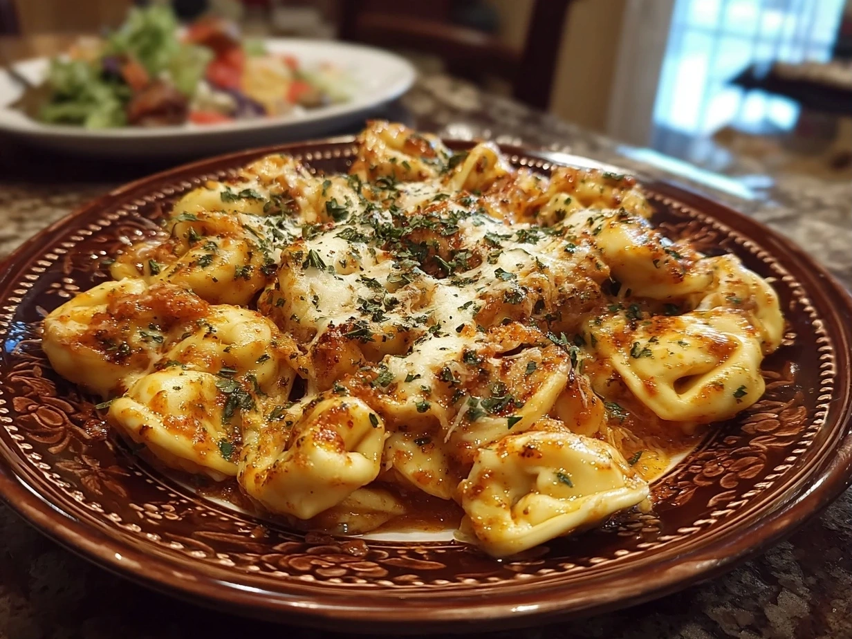 Slight angle close up of finished Cheese Tortellini in Creamy Marinara with fresh basil garnish
