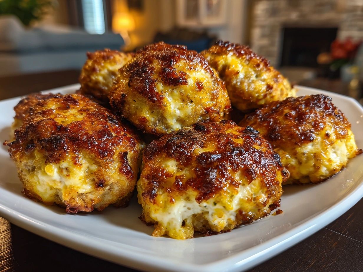 Slight angle close-up of finished Golden brown Cream Cheese Sausage Balls on a serving plate