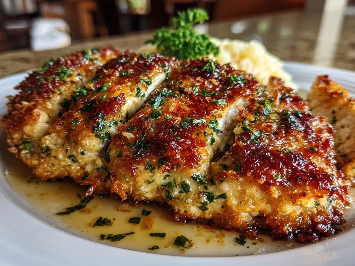 Close-up of finished Garlic Parmesan Chicken with creamy sauce and garnish