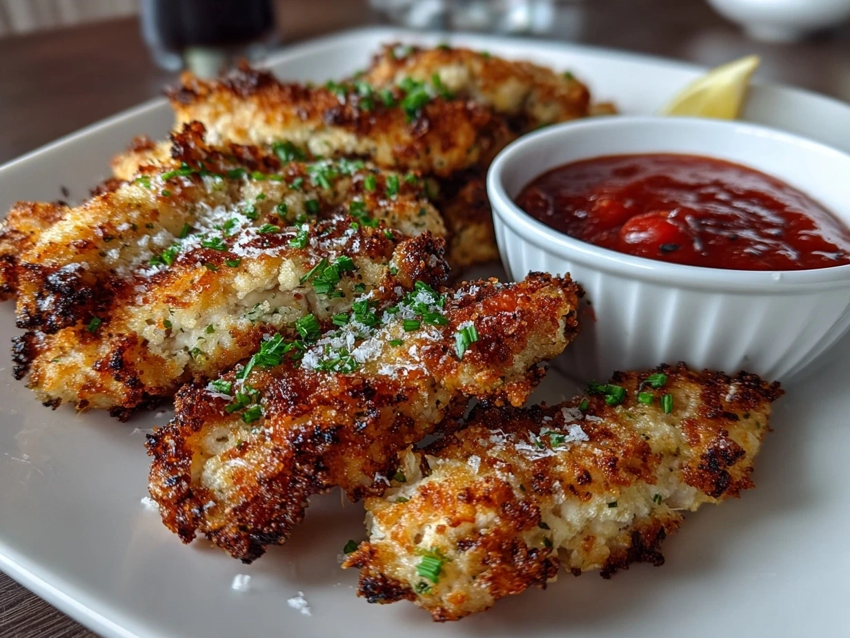 Slight angle close-up of finished crispy gluten free chicken tenders on plate