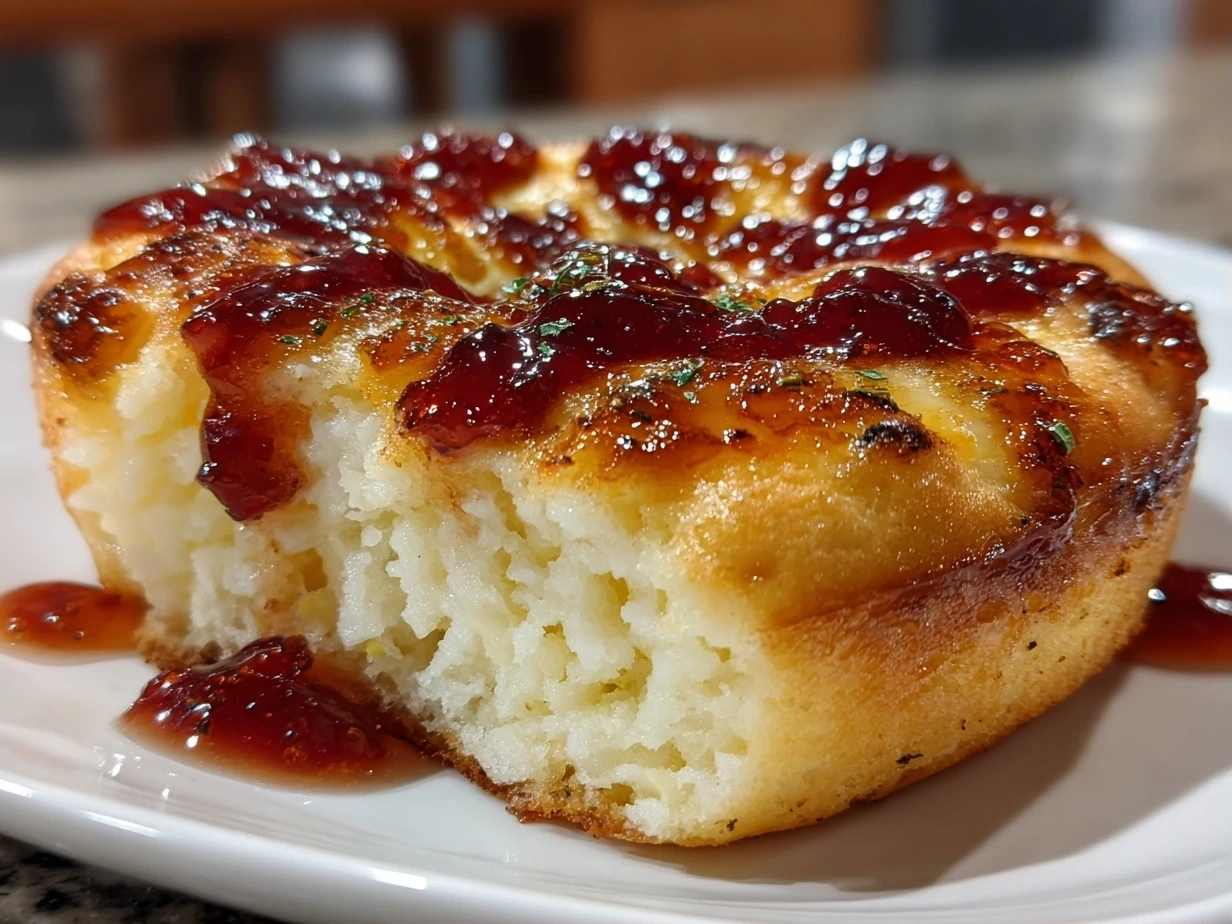 Slight angle close-up of finished jam donut focaccia