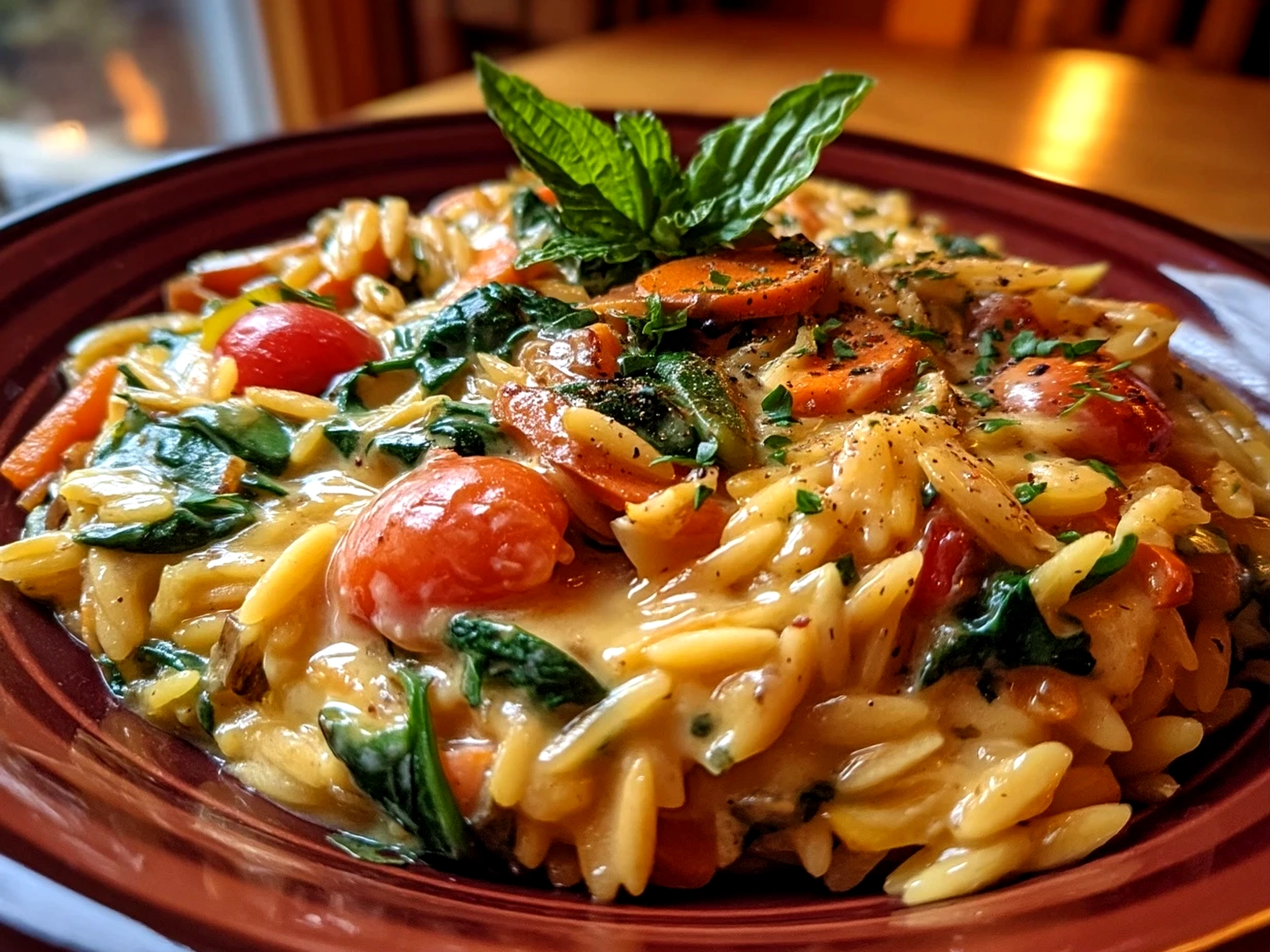 Close up of finished One-Pot Veggie Cream Orzo showing creamy orzo with peas and herbs