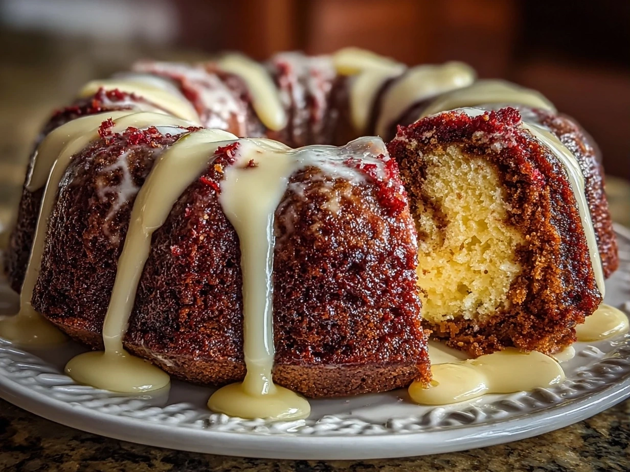 Close-up of finished Red Velvet Cream Cheese Bundt Cake showing vibrant red color and creamy frosting
