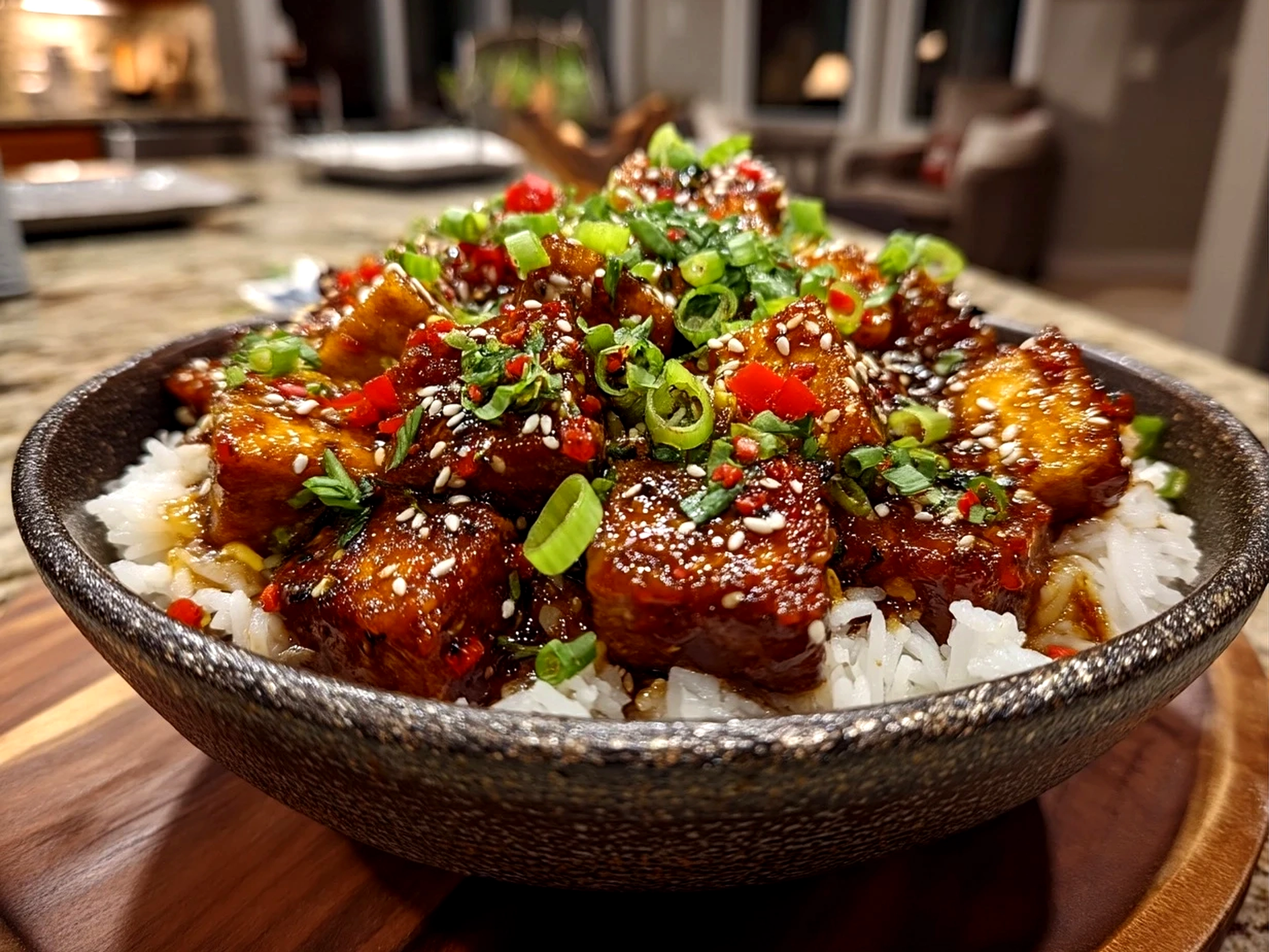 Slight angle close-up finished sticky tofu bowl with rich inviting finish