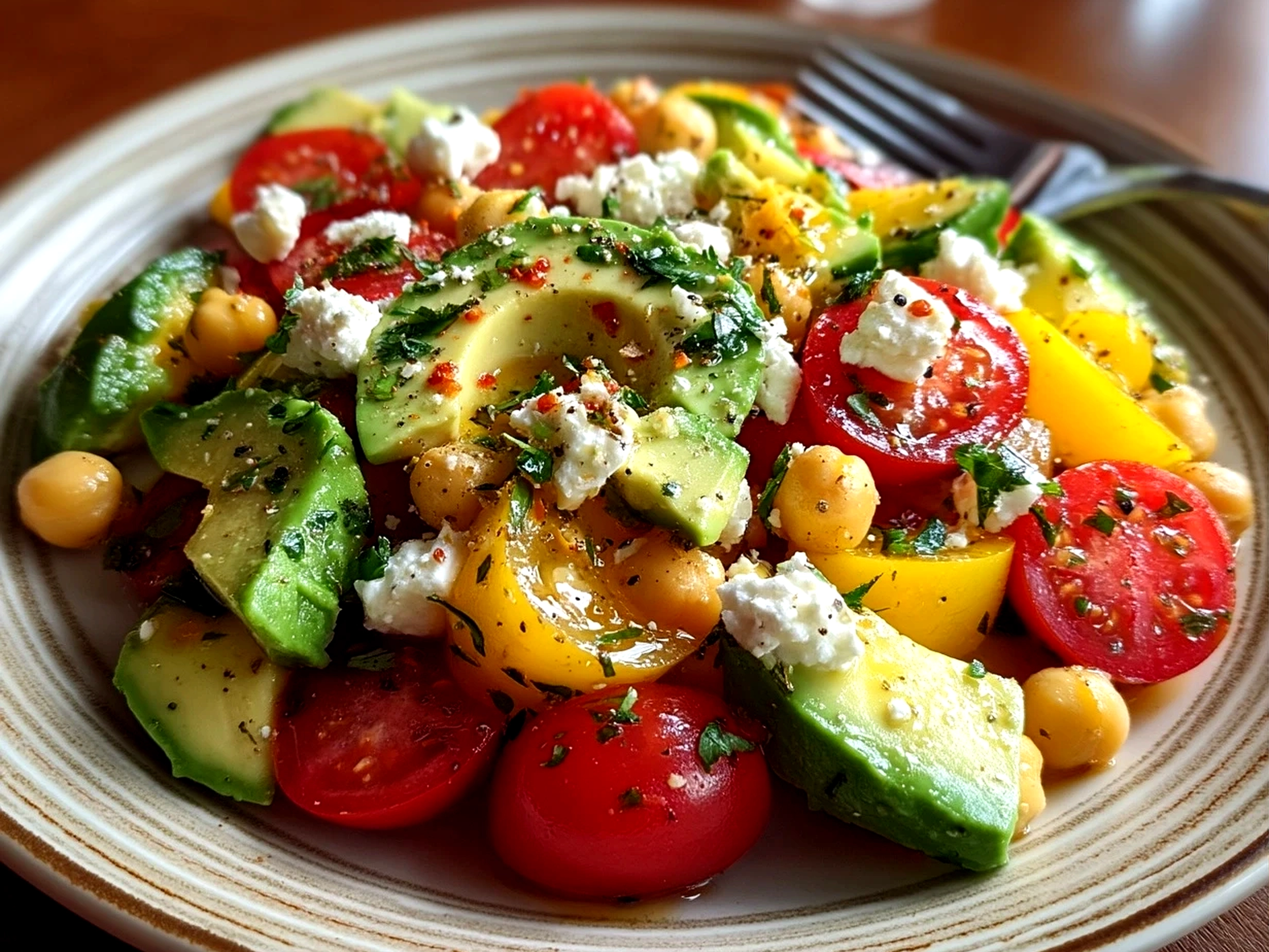 Slight angle close up of finished Chickpea Feta Avocado Salad