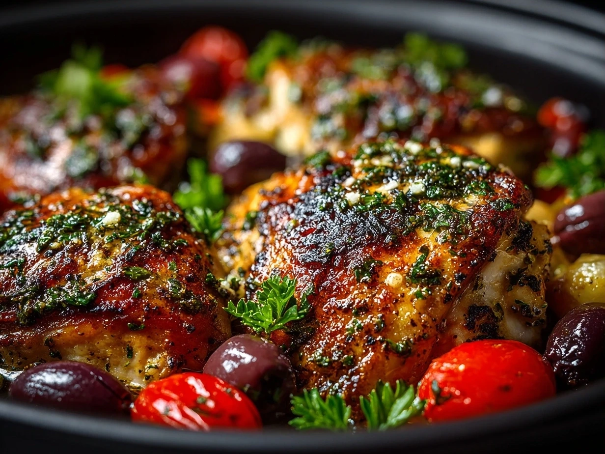 Final Slow Cooker Greek Chicken dish served with lemon and olives