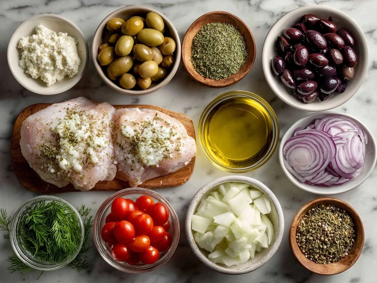 Ingredients for Slow Cooker Greek Chicken recipe including chicken thighs, lemon, garlic, Kalamata olives and herbs